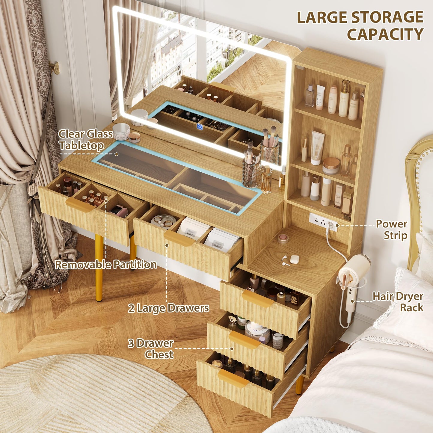 GarveeTech 48" Makeup Vanity Table, with 5 Drawers & 3-Tier Shelves, Fluted Vanity Desk with 36" Lighted Mirror, Charging Station, Wood Dressing Table with Glass Top, for Bedroom