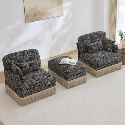 KEIKI 69.2" L Shaped Loveseat Sofa with Ottoman, Modular Chenille Leopard Print Couch with Tassel Trim, Deep Seat Sectional Sofa for Bedroom Lounge Setup