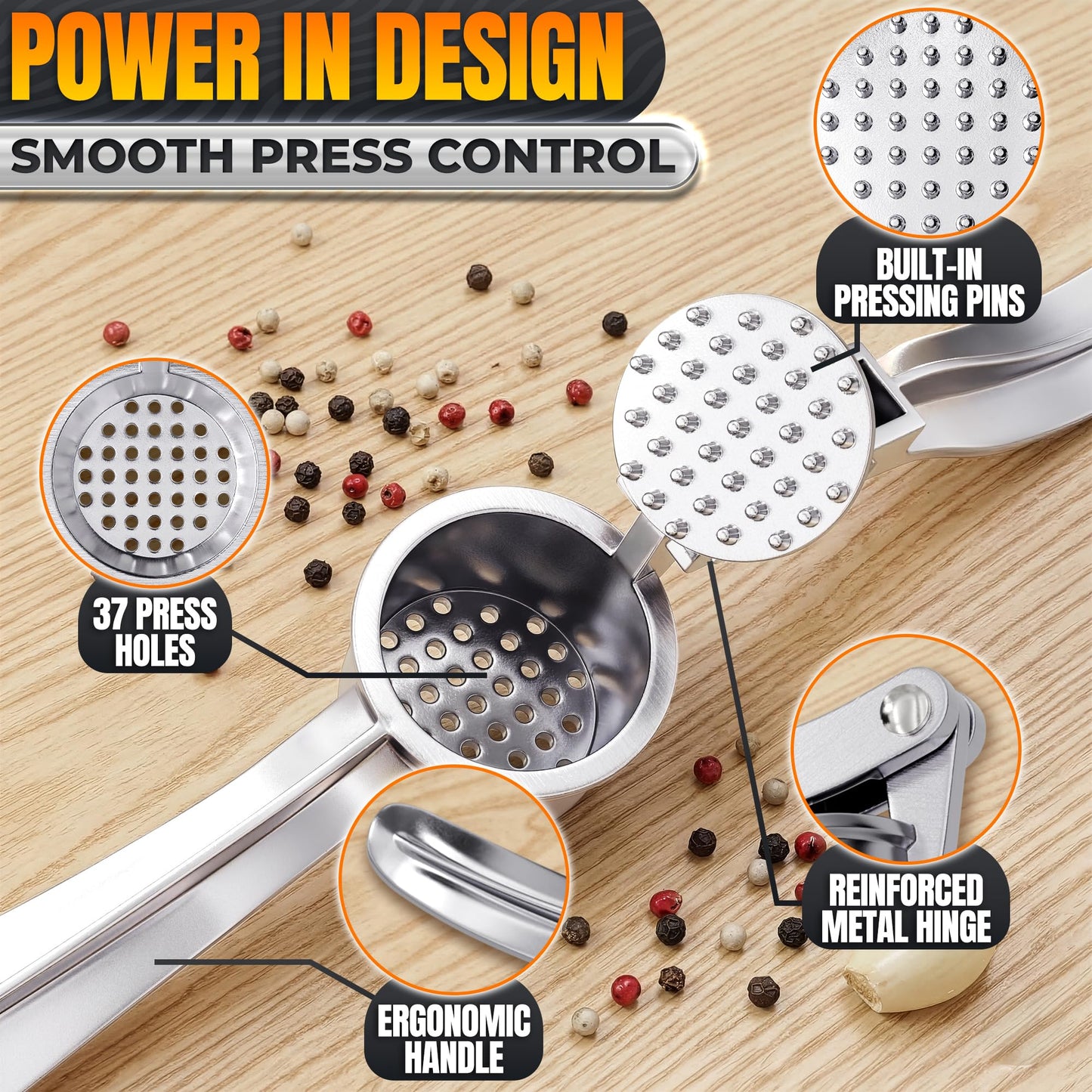 Stainless Steel Garlic Press - Ginger Mincer with 37 Built-In Studs for Maximum Extraction, for Garlic, Ginger and Soft Nuts - Ergonomic Handle, Dishwasher Safe and Rust-Resistant, No Peel Needed