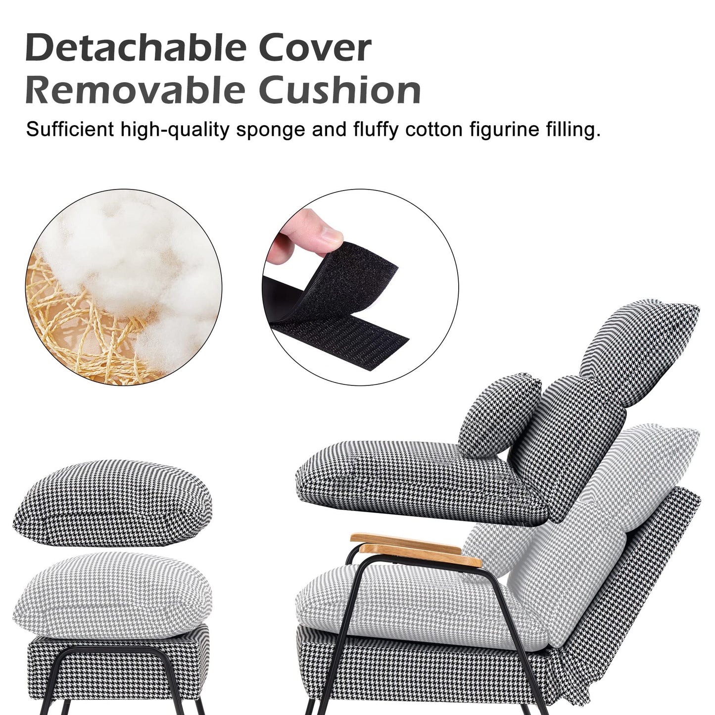 MCombo Accent Recliner Chair with Ottoman, Modern Fabric Armchair, Upholstered Sofa Bed for Living Room Bedroom, Small Space 4055 (Black Frame, Houndstooth)