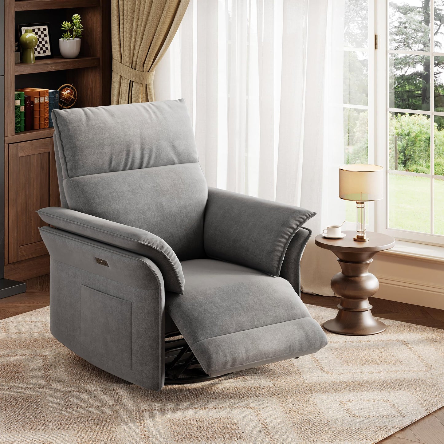 GAOMON Swivel Rocking Recliner Chair, Manual Leather Recliner Glider with Lumbar Support & Padded Armrest, Comfortable Rocker Nursery Single Sofa for Living Room and Bedroom (Light Gray)