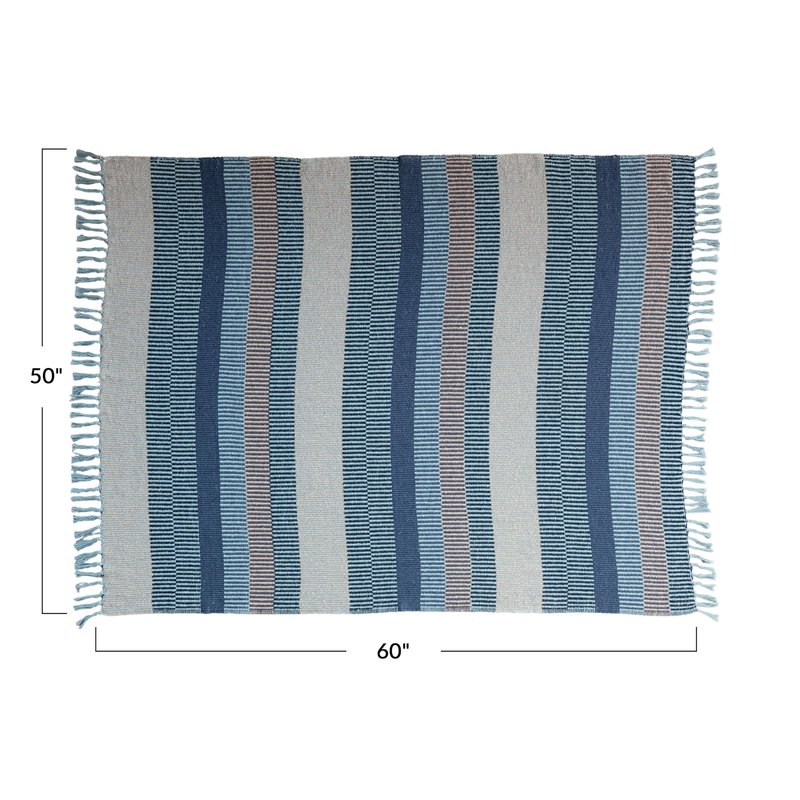 Creative Co-Op Striped Cotton Blend Throw with Fringe, Blue and Cream