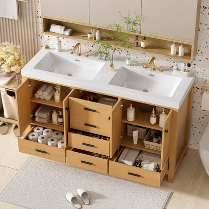GDFStudio 59.3" Bathroom Vanity with Double SMC Resin Sink, Solid Wood Frame & MDF Cabinet, 4 Doors & 5 Soft-Close Drawers, Adjustable Shelves, Black Handles, Modern Wood Grain Finish