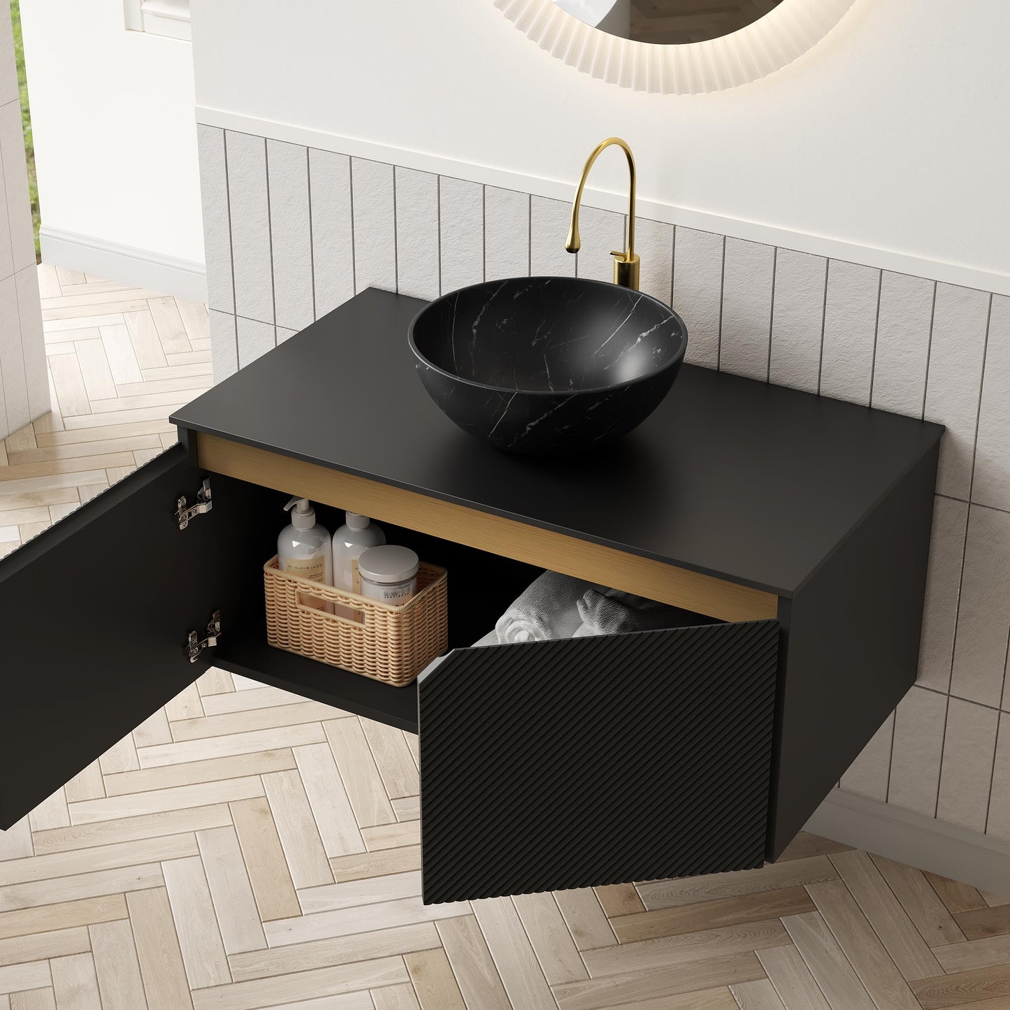 36" Floating Bathroom Vanity with Vessel Sink, RUBEN Wall Mounted Plywood Cabinet, Sintered Stone Countertop, Twill Double Doors with Metal Trim, Modern Storage Unit, Bowl Black Stone Ceramic Basin