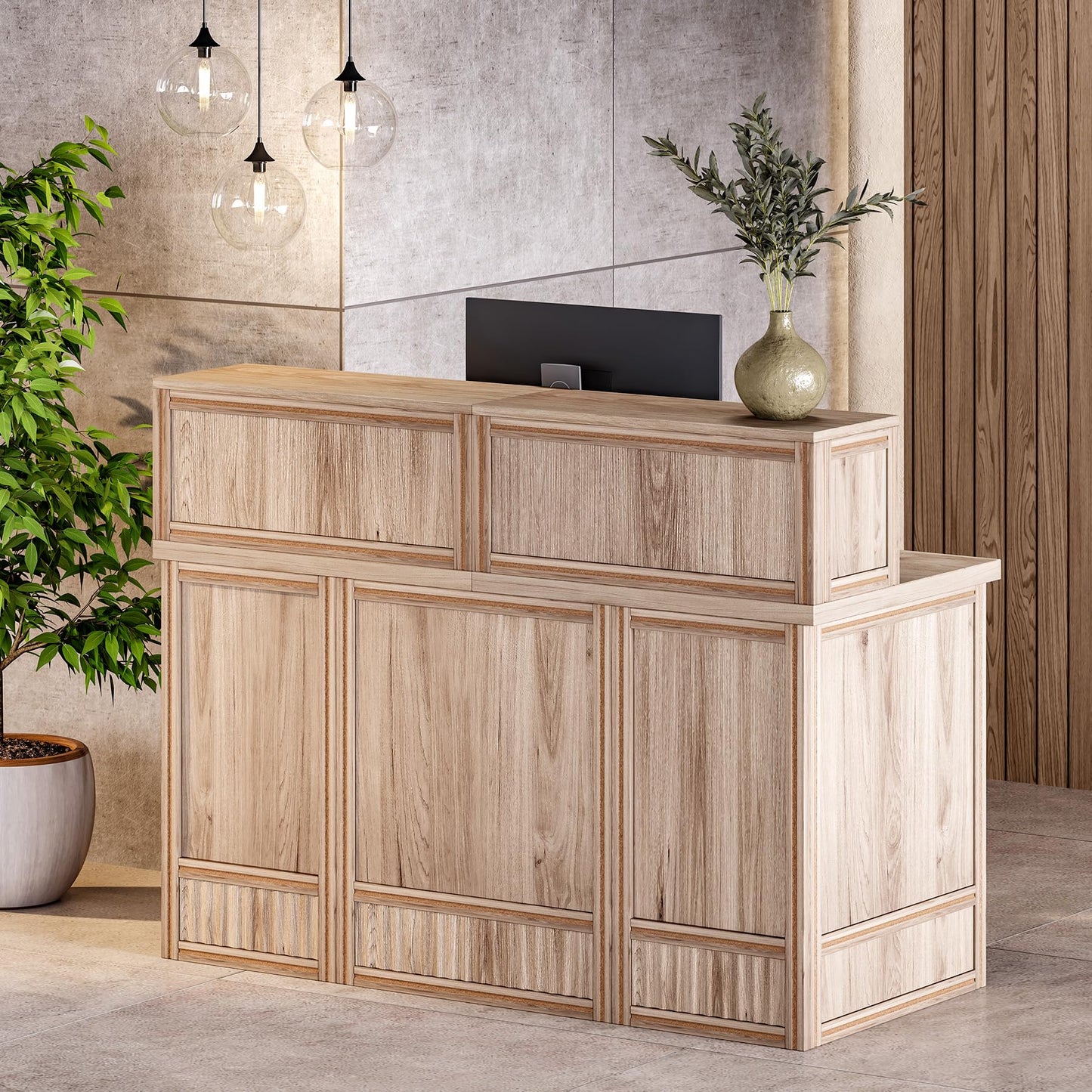 LITTLE TREE 57-Inch Reception Counter, Boho Style Front Desk, Modern Checkout Counter, Reception Desk for Retail, Lobby, Salon, Office, Oak