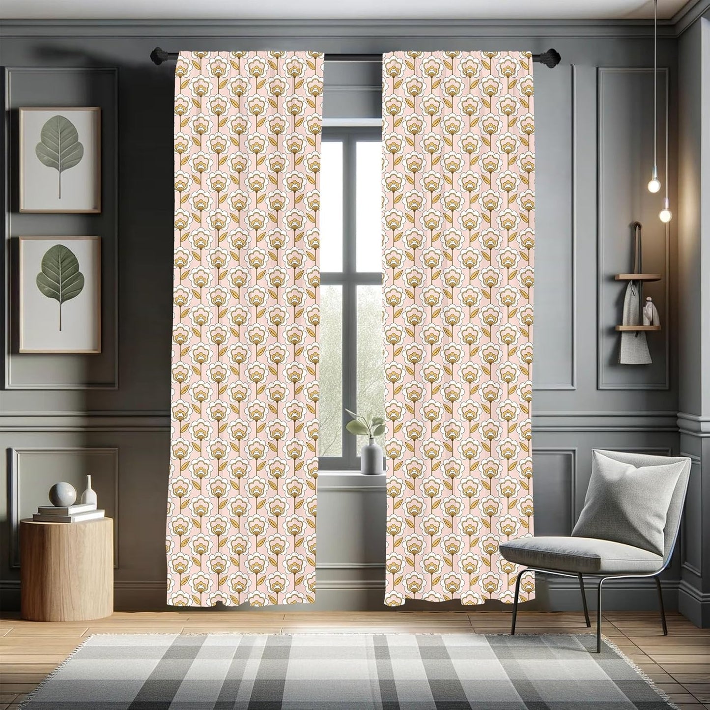 Lunarable Mid Century Curtains, 28" x 84" Retro Flower Ornaments Illustration, 2 Panel Set for Living Room Bedroom