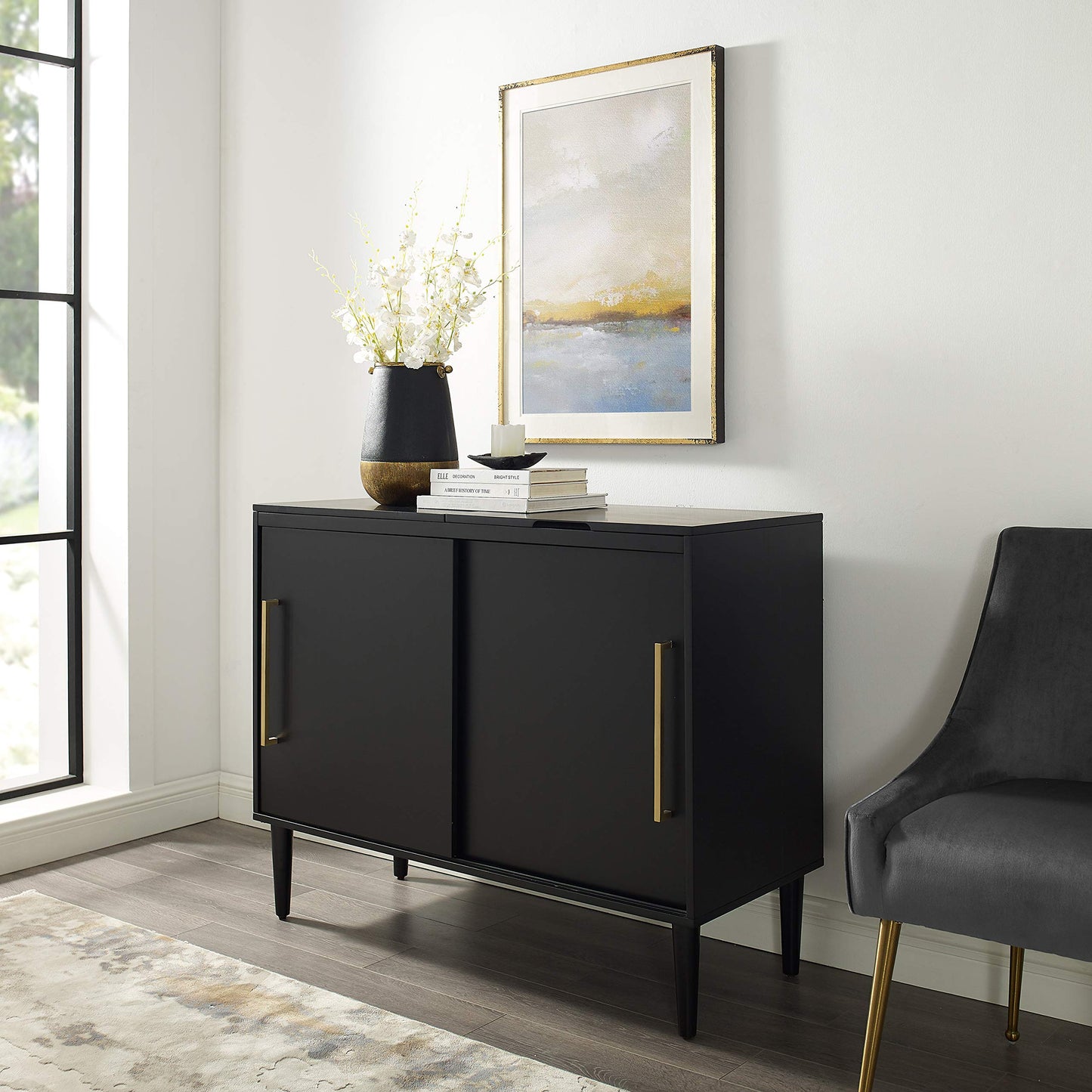 Crosley Furniture Everett Media Console and Record Player Stand with Storage for Vinyl Records, Matte Black