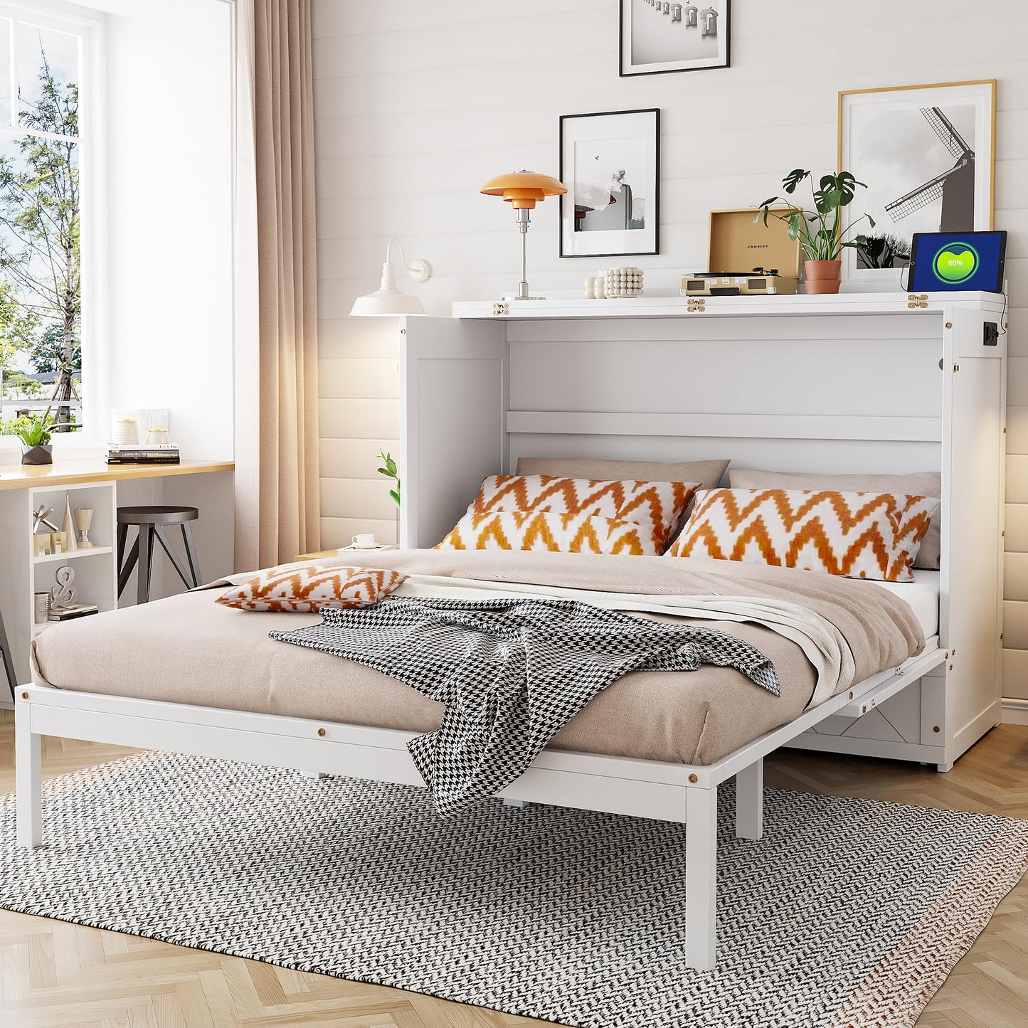 Merax Queen Size Murphy Cabinet Bed with Storage Drawers, Wall Murphy Bed with a Set of Sockets & USB Ports, Folding Platform Bed for Small Room