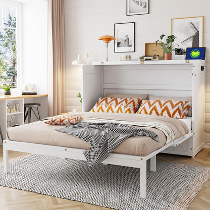 Merax Queen Size Murphy Cabinet Bed with Storage Drawers, Wall Murphy Bed with a Set of Sockets & USB Ports, Folding Platform Bed for Small Room
