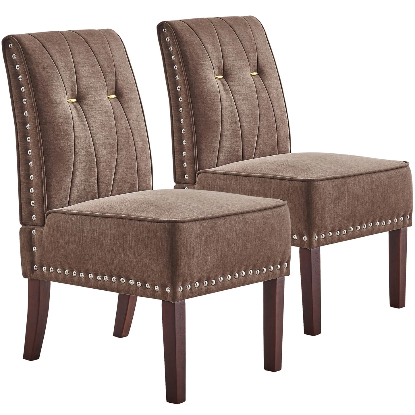 ModaSeren Armless Accent Chairs Set of 2: Upholstered Slipper Armless Chairs with Nails Decorative Slipper Chairs for Bedroom Living Room Dining Room (Brown)