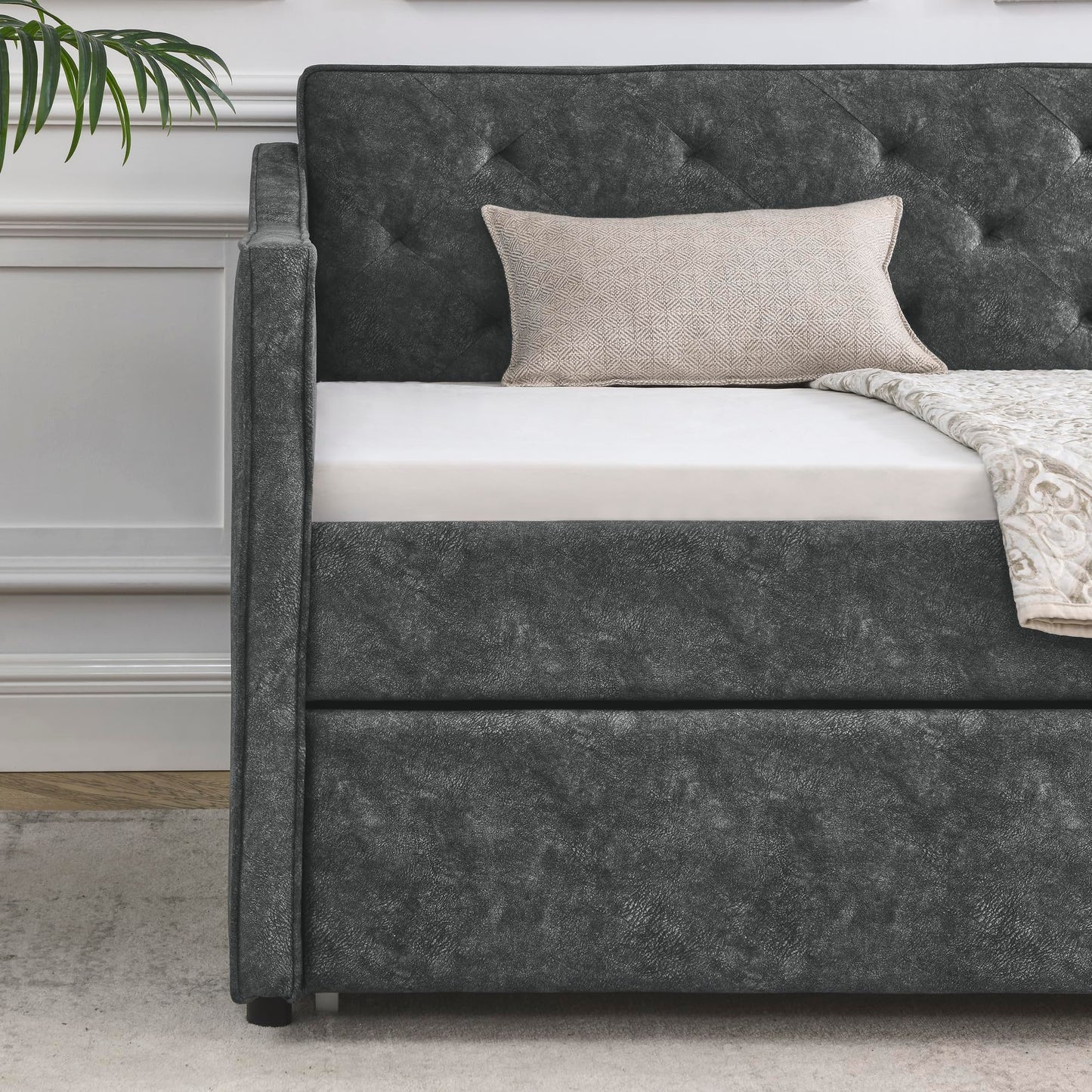 KEIKI Twin Size Upholstery Daybed with Twin Size Trundle and Headboard, Mid-Century Style Tufted Sofa Bed with Waved Arms, Easy Assembly, No Box Spring Required, for Living Room, Grey