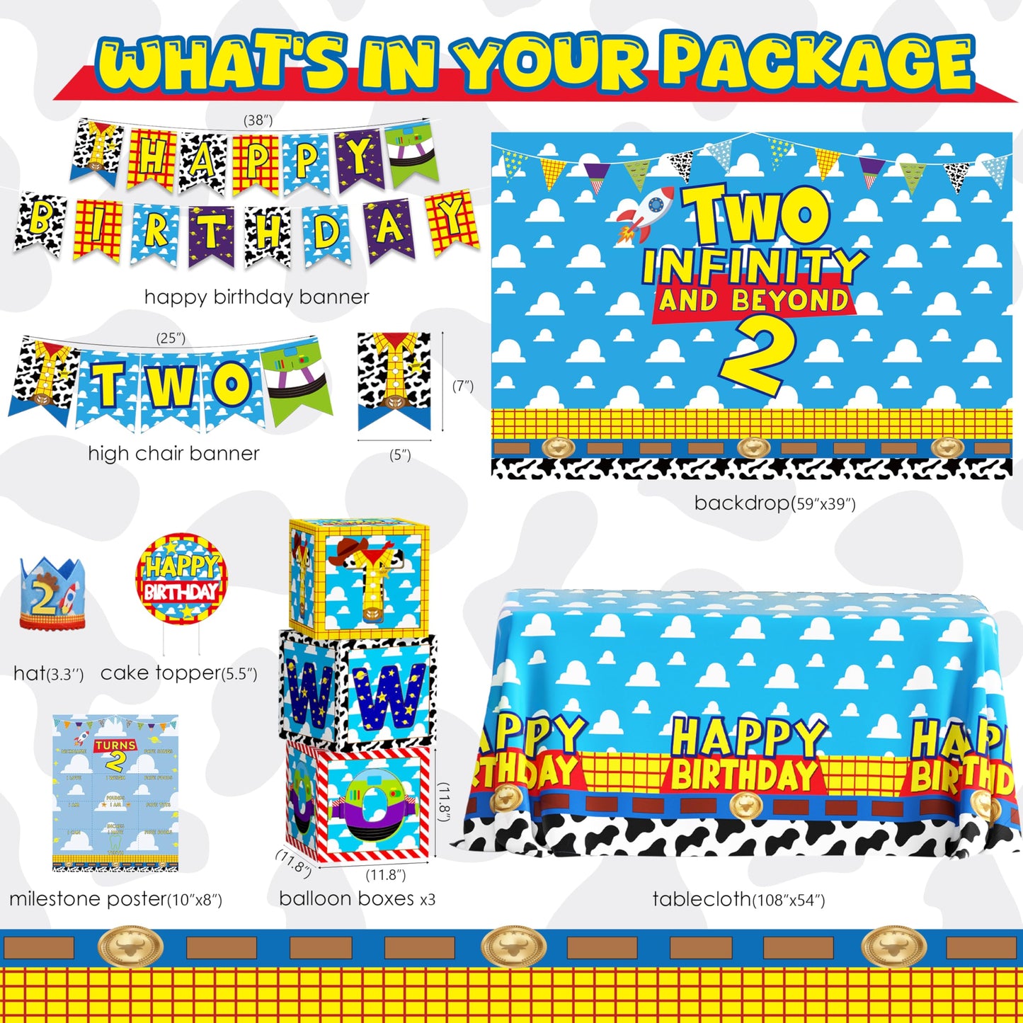 Two Infinity and Beyond Birthday Decorations Cartoon Story 2nd Birthday Party Supplies Include Balloon Arch Banner Backdrop Tablecloth Crown for Toy Themed Party Decor