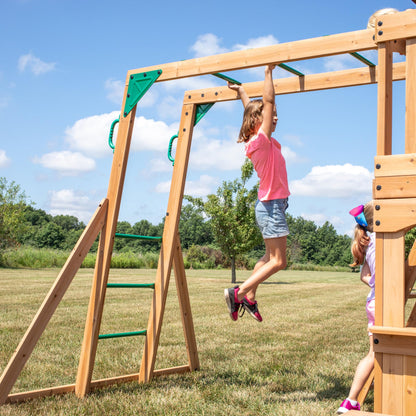 Backyard Discovery Montpelier Cedar Wood Swing Set, Wave Slide, Clubhouse, Monkey Bars, Picnic Area, Snack Bar, Belt Swings, Trapeze, Balcony, Playhouse, Working Door, Ladder, Outdoor Playset