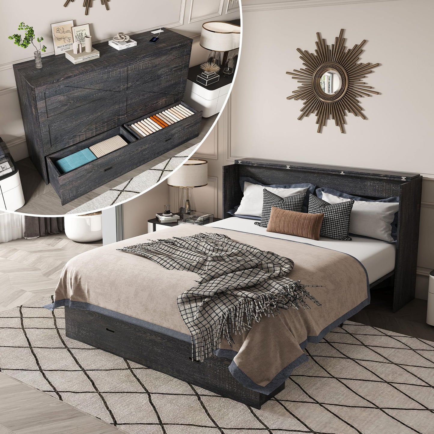 Bellemave Full Murphy Bed with Mattresses and Charging Stations and Storage Drawer, Farmhouse Murphy Cabinet Bed with Foldable Panel, Noisy Free, for Guest Bedroom, Living Room, Carbon Black