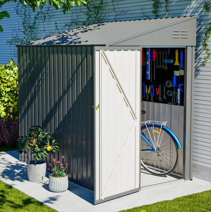 YOPTO 4x7 FT Outdoor Storage Shed Lean to Shed,Metal Shed W/Lockable Door & Air Vent,All Weather Waterproof Garden Tool House W/Reversible Installation,for Backyard,Patio,Lawn,Olive Gray