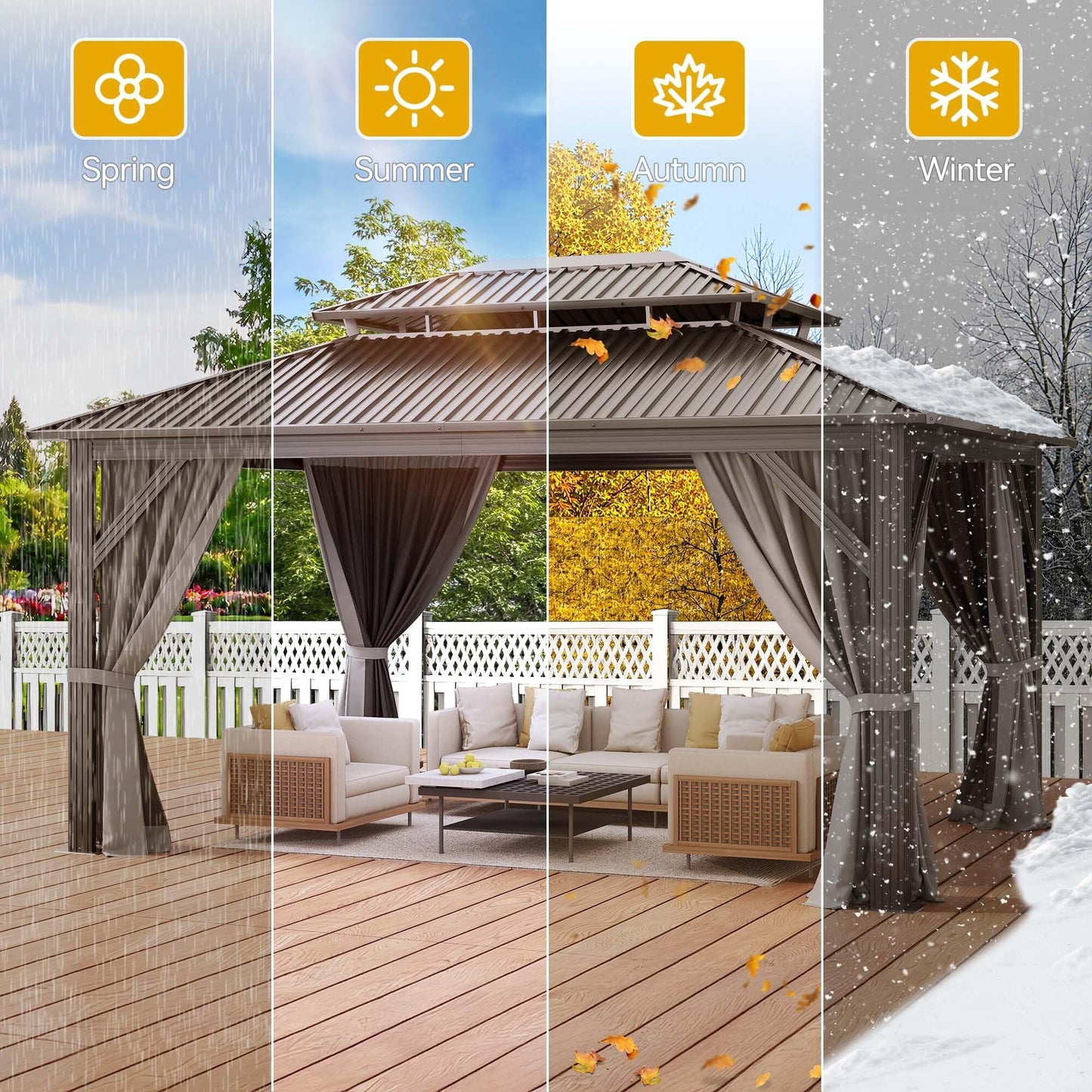 DWVO 12x16ft Hardtop Gazebo Double Roof with Nettings and Curtains, Heavy Duty Galvanized Steel Outdoor Vertical Stripes Roof for Patio, Backyard, Deck, Lawns, Gray