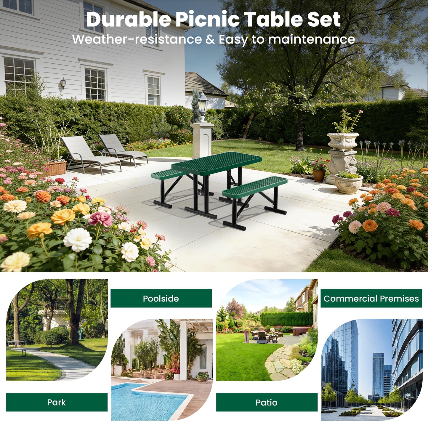 Sunnibety 4FT Metal Picnic Tables for Outdoors, Commercial Rectangular Picnic Table for Outside, Park, Campfield, Patio, Garden, Yard, Thermoplastic Coating, Surface Mounted, Green
