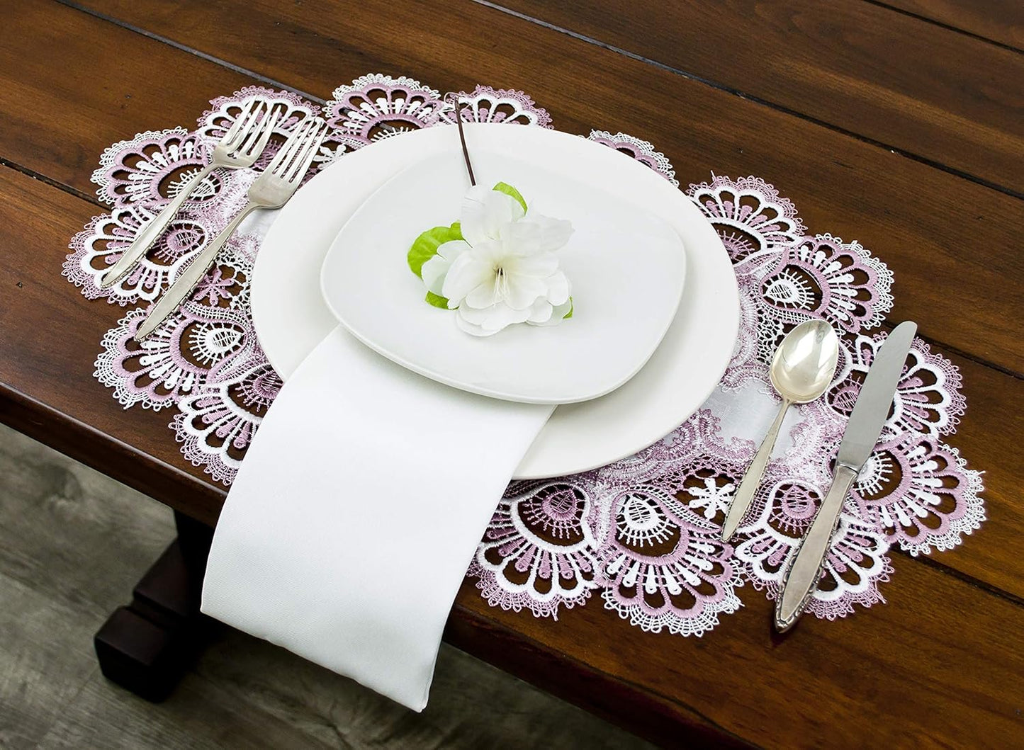 White Mauve Rose Jacquard Lace Doily, Placemats, Dresser Scarf, Table Runner Set of 2 (14Wx21L)