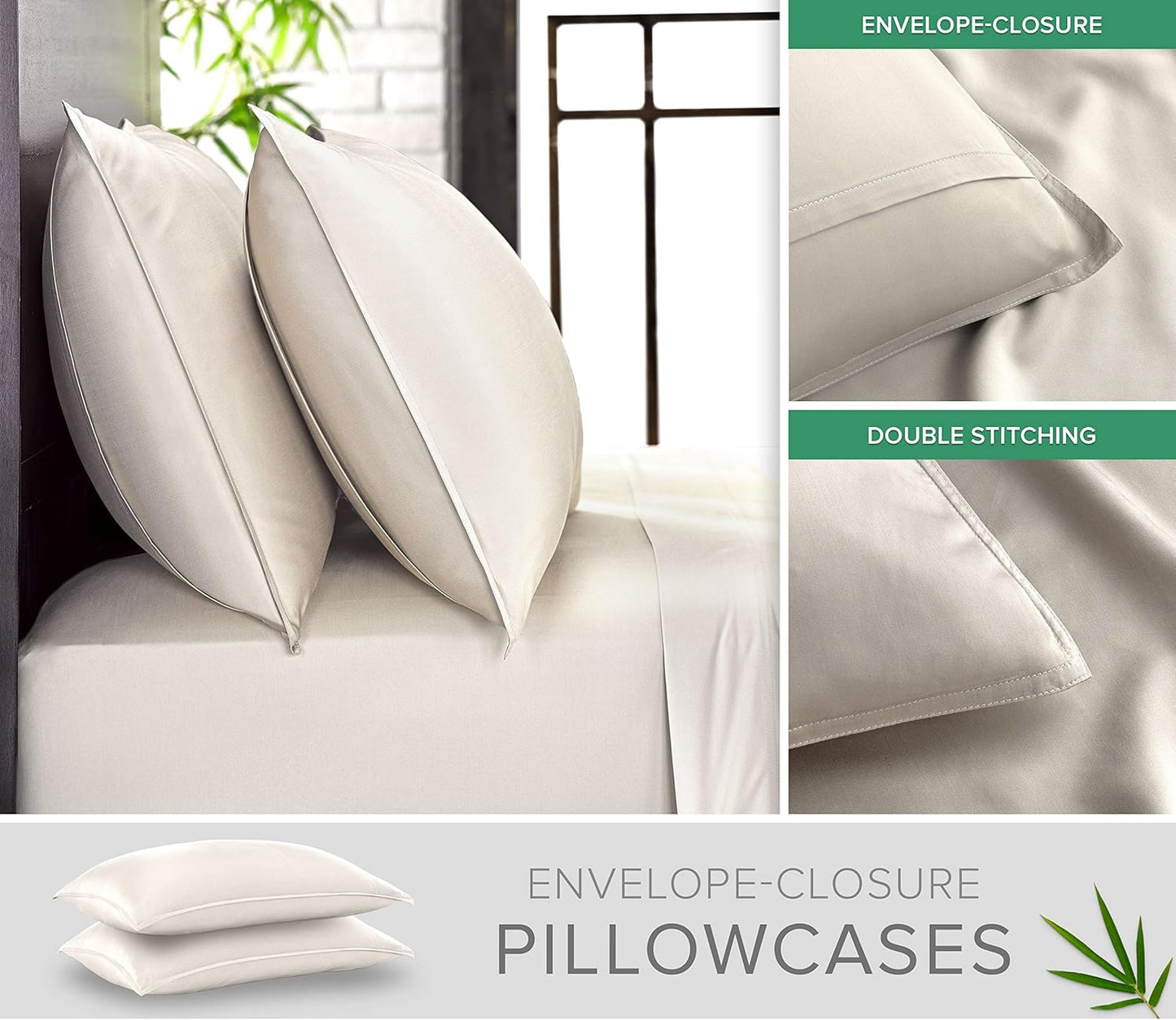 Pure Bamboo Full Bed Sheet Set - 100% Organic Viscose, Luxuriously Soft & Cooling | Ivory, Double Stitching