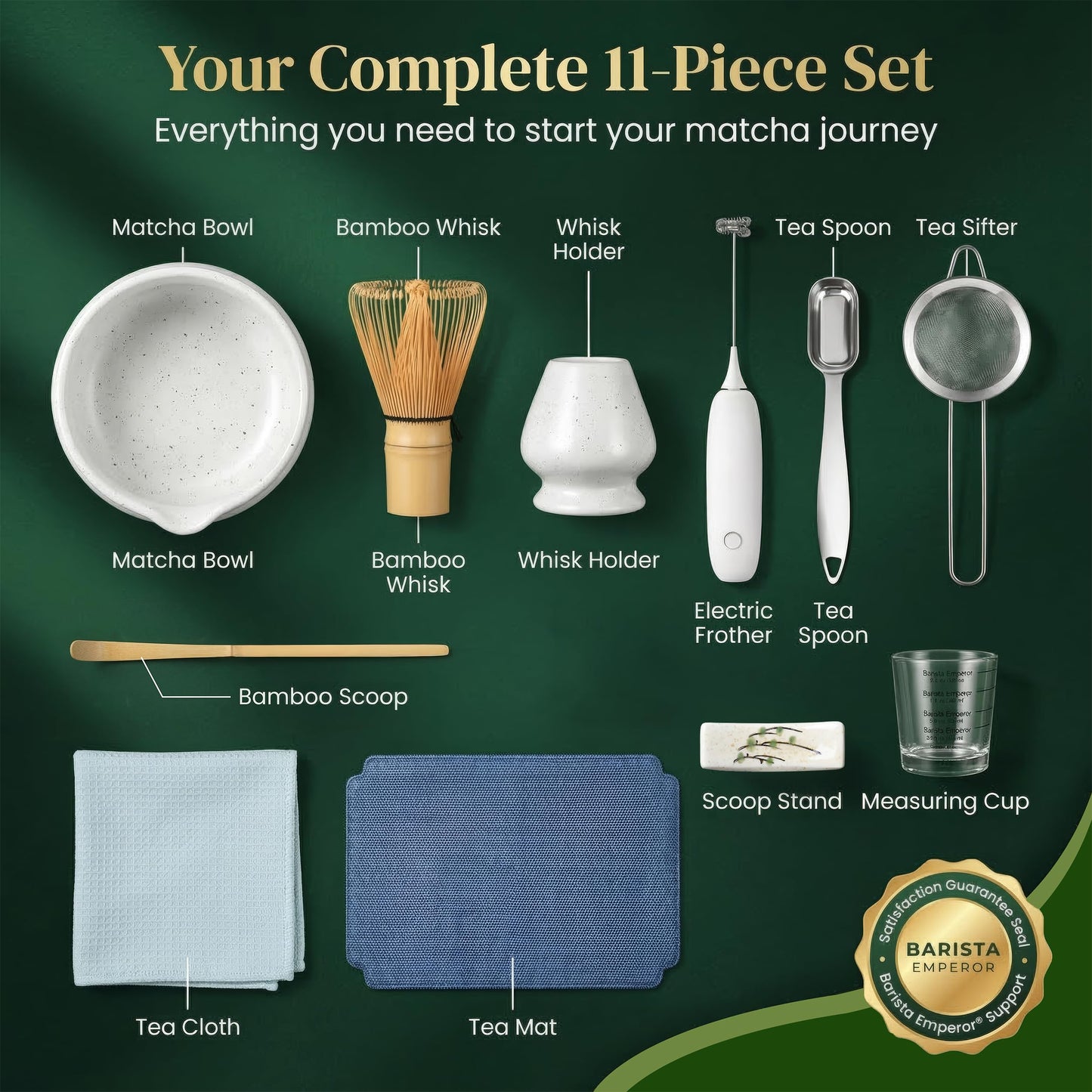 BARISTA EMPEROR® MATCHA WHISK SET PREMIUM 11pcs - Professional Matcha Kit Set with Matcha Bowl, Matcha Whisk, Milk Frother, Spoon, Sifter, Scoop, Stand, Cup, Tea Mat, Cloth - Matcha Bowl Set