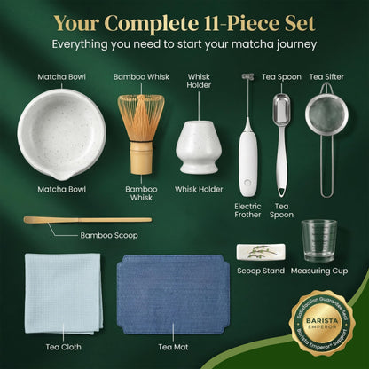 BARISTA EMPEROR® MATCHA WHISK SET PREMIUM 11pcs - Professional Matcha Kit Set with Matcha Bowl, Matcha Whisk, Milk Frother, Spoon, Sifter, Scoop, Stand, Cup, Tea Mat, Cloth - Matcha Bowl Set