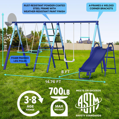 Sportspower Ramona Metal Swing Set 7-in 1: 3 Swings, Climbing Ladder and net, Basketball Hoop, and 5-ft Blow Molded Slide, 700lb Capacity, Yellow & Blue, Bonus Anchor kit Included