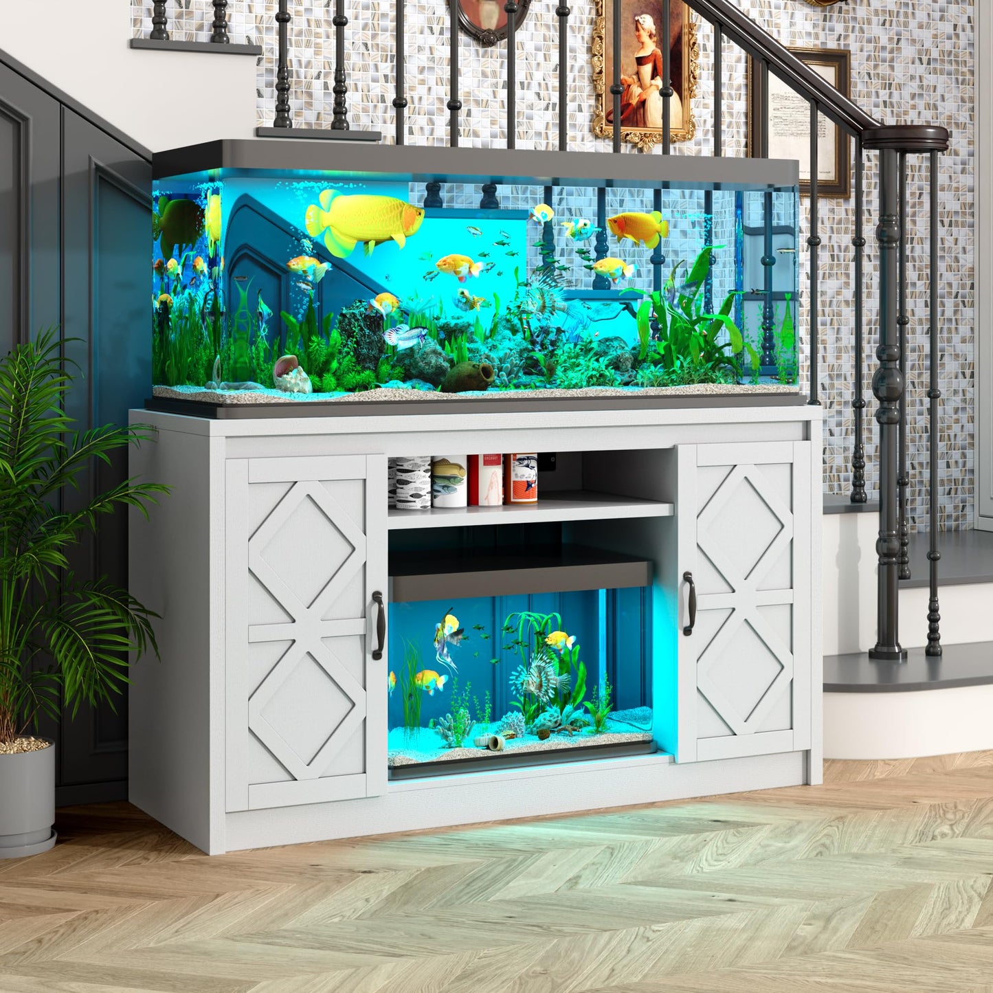 kepptory 55-75 Gallon Fish Tank Stand with Diamond Doors & Power Outlet, Heavy Duty Aquarium Stand with Cabinet Storage for Fish Tank, Turtle Tank, Reptile Terrarium (White)
