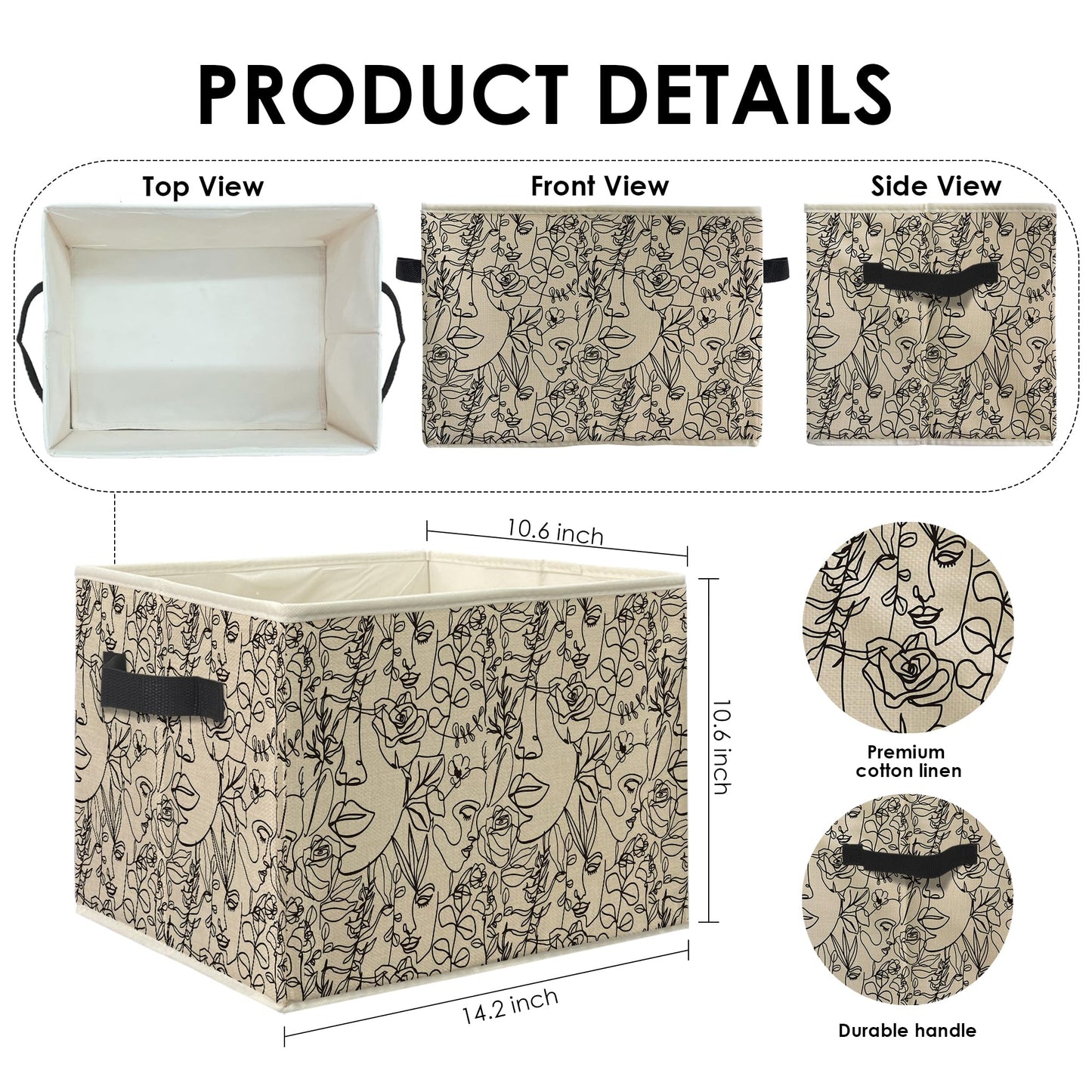 Knibeo Modern Abstract Women Faces Floral Fabric Storage Bins for Shelves Closet, Minimalist Boho Botanical Aesthetic Collapsible Cube Baskets Organizer for Clothes Books Toys