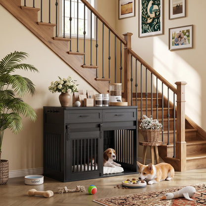 44.5''Large Dog Crate Furniture with 2 Storage Drawers,Heavy Duty Dog Kennel Indoor with Hook,Dog Kennel End Table TV Stand, Farmhouse Style Dog Crates with Sliding Barn for Medium/Large Dogs,Black