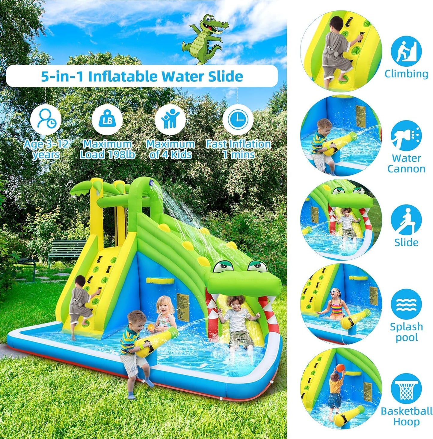 TOAOB Inflatable Water Slide：5 in 1 Crocodile Bounce House Water Park for Kids - Climbing Wall Splash Pool Water Cannon Basketball Rim - 480W Blower - for Indoor Outdoor Backyard Birthday Party