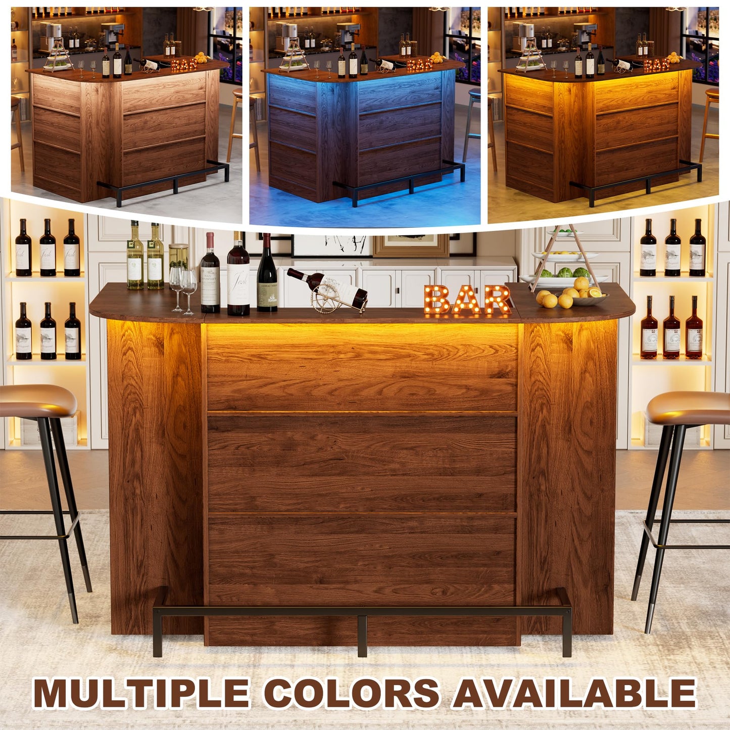 PAKASEPT Home Unit Bar Cabinet with LED Light & Stemware Holders, 3 Tier Liquor Bar Wooden Storage Cabinet, Modern U-Shaped Liquor Table Cabinet for Living Room, Dining Room