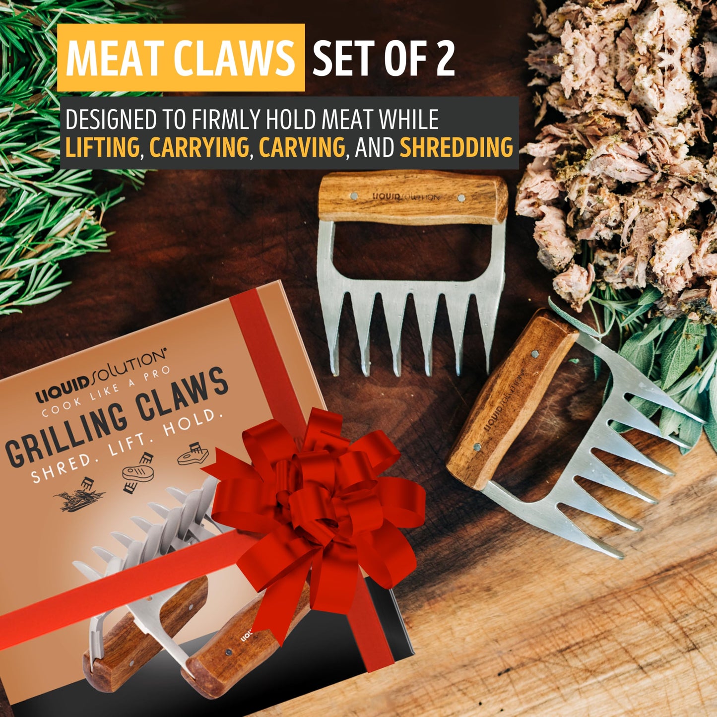 Premium 18/8 Stainless Steel Meat Shredder Claws with Wooden Handles – Effortlessly Shred, Pull & Serve Pork, Turkey, Chicken & Brisket – Perfect BBQ Gift Idea