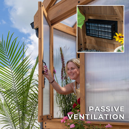Backyard Discovery Savannah Chalet-Style 14.5' x 12' Cedar and Polycarbonate Walk-In Greenhouse Kit with Sink, Exhaust Fans, Windows, Hose Hook-Ups, PowerPort, Staging Shelves for Year-Round Gardening