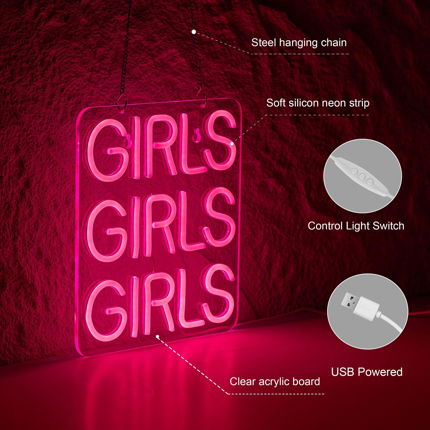 Neon Signs Girls Beer Bar Home Art Neon Light LED Neon Lights Sign with Dimmer for Bedroom Office Hotel Pub Cafe Recreation Room Man Cave Wall Sign Decor(Pink)