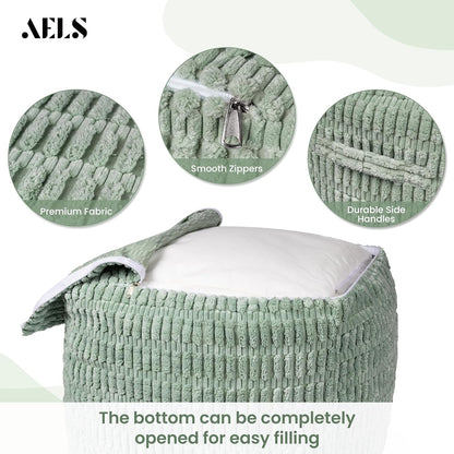 18"x18"x18", AELS Unstuffed Farmhouse Pouf Cover for Living Room, Boho Storage Bean Bag Cubes, Sage Green Soft Corduroy