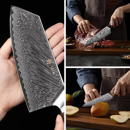Wakoli Culinary Asia Damascus 4-Piece Knife Block Set with Magnetic Block – Professional Kitchen Knives made of 67-Layer Damascus Steel Blades & VG10 Core – Ergonomic Dark Oak Wood Handles in Gift Box