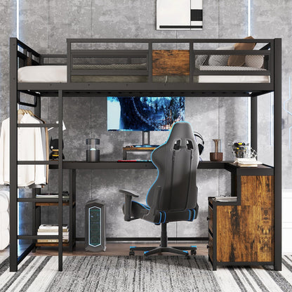 Bellemave Metal Queen Size Loft Bed with Desk and Non-Woven Fabric Drawers,Heavy Duty Loft Bed Frame with Clothes Rack and Storage Shelves for Kids,Teens,Adults, Space Saving,Black