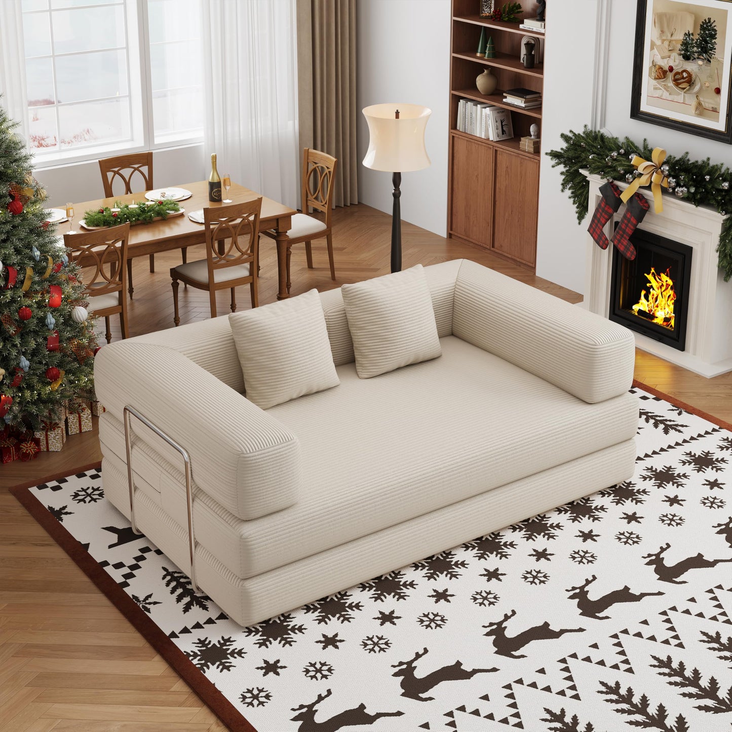 BSHOMGI Folding Sofa Bed, 4 in 1 Convertible Sofas to Lounger Comfy Floor Portable Foldable Sleeper Lazy Futon Couch Chair for Bedroom, Living Room (Beige, 59” 2 Seat)
