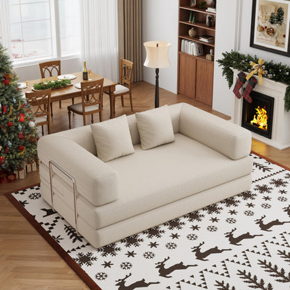 BSHOMGI Folding Sofa Bed, 4 in 1 Convertible Sofas to Lounger Comfy Floor Portable Foldable Sleeper Lazy Futon Couch Chair for Bedroom, Living Room (Beige, 59” 2 Seat)