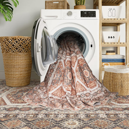 3x8 Runner Rug Kitchen Washable: Oriental Indoor Hallway Runners with Non Slip Backing Floor Mat for Entryway Door Low Pile Thin Carpet for Bedroom Bathroom Living Room Bedside Brick