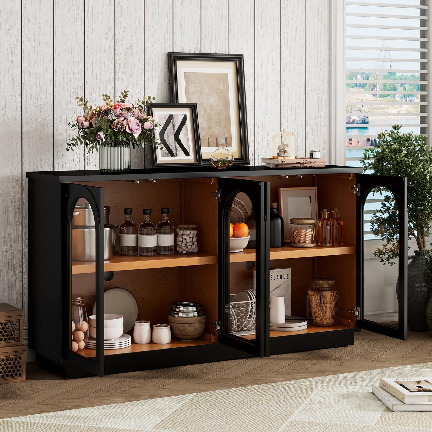 Merax 4-Door Large Storage Buffet Cabinet with Arched Glass Doors and Adjustable Shelves for Kitchen, Dining Room and Living Room