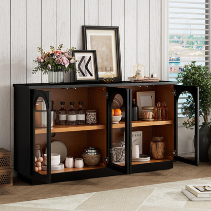 Merax 4-Door Large Storage Buffet Cabinet with Arched Glass Doors and Adjustable Shelves for Kitchen, Dining Room and Living Room