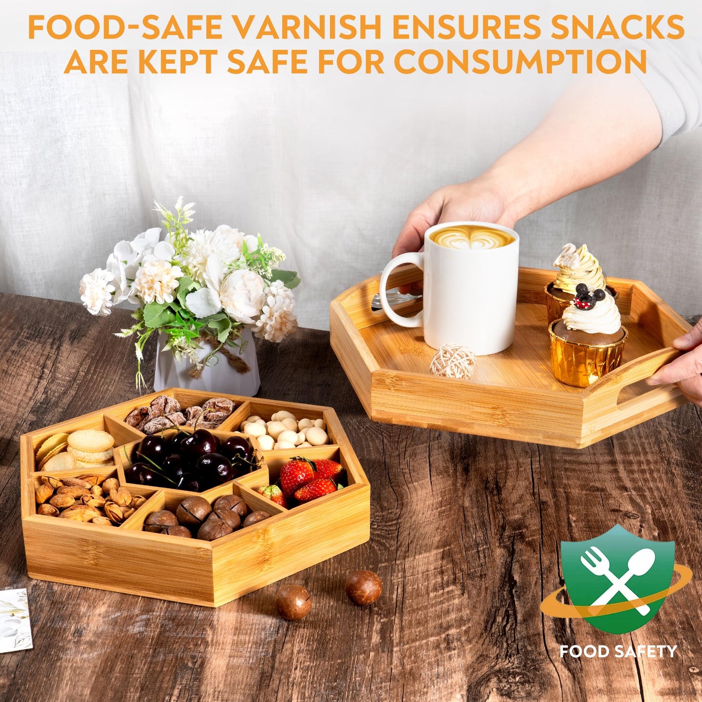 Snack and Serving Tray Set – 13" Divided Bamboo Appetizer Platter for Dry Fruit, Nuts, Cheese and Charcuterie (Bamboo, 13"x11")