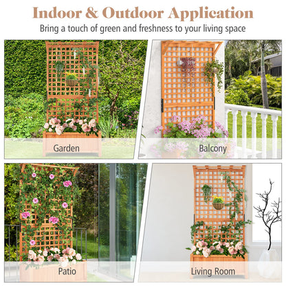CHEFJOY Wooden Planter Box with Trellis, 72.5” Freestanding Garden Planter w/Hanging Roof, 4 Drainage Holes & Lattice Panel, Raised Garden Bed with Trellis for Vine Climbing Plants Flowers (2)