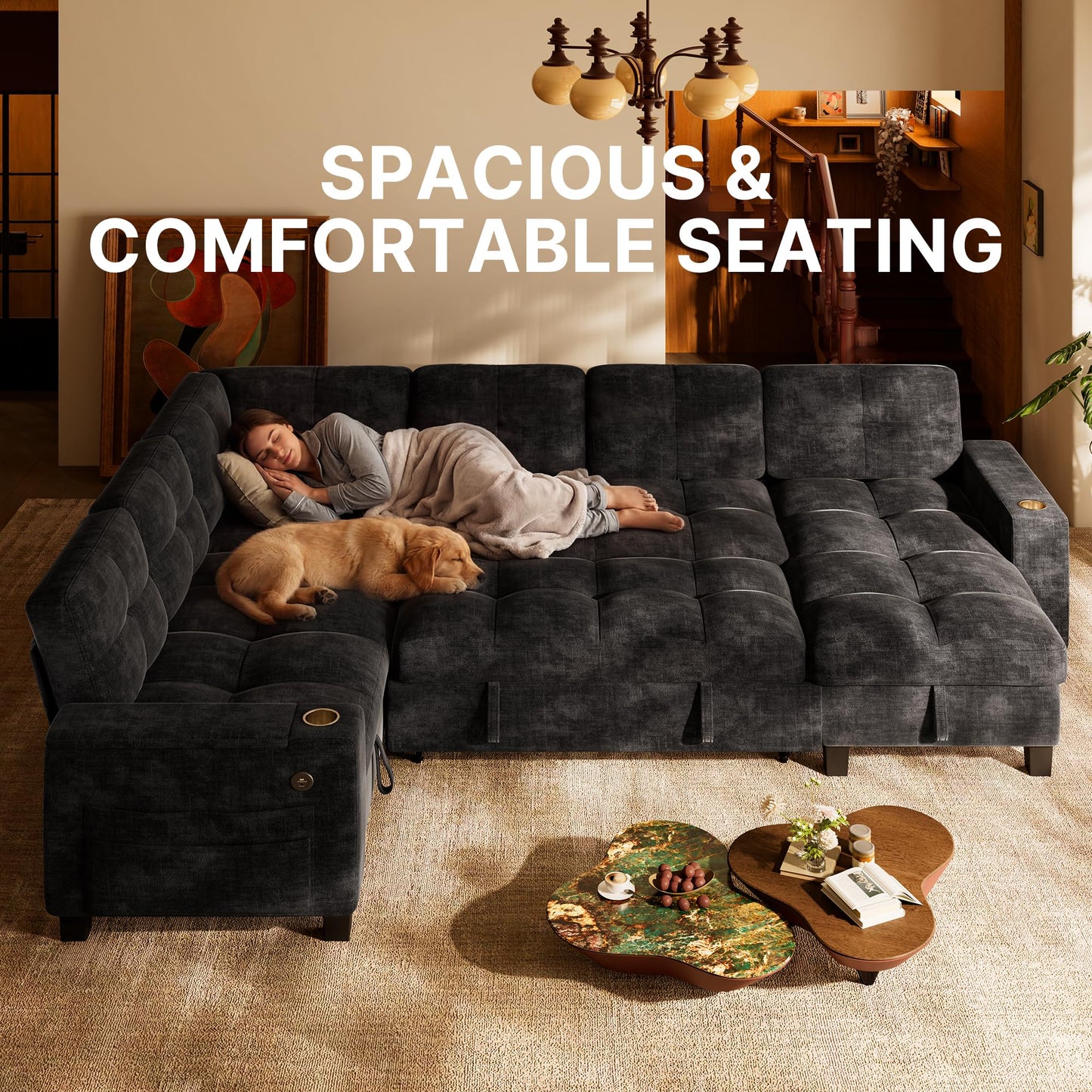 Marsail 110" Sectional Sleeper Sofa with Pull Out Bed, 7 Seat Modular Sectional Couch with Storage, USB & Cup Holders, Modern Chenille Cloud Sofa for Living Room, Dark Gray