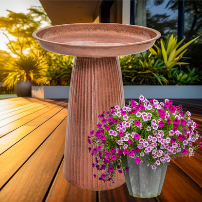 Sunnydaze Gleeful Garden 23" Iron Pedestal Bird Bath for Outside - Modern Shallow Basin Birdbath for Outdoors with UV-Protected Rust-Resistant Finish for Patio, Garden, Yard Decor - Canyon Clay Glaze