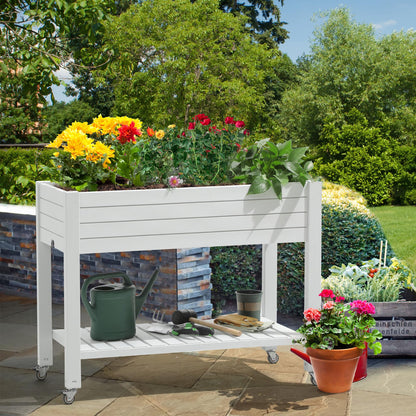 YITAHOME 43.3x17.7x34 in Elevated Garden Bed 2pcs, Outdoor Plastic Planter Box with Wheels, Legs, Drain Plug, and Storage Shelf for Plants, Vegetables, Flowers, Herbs, Grayish-White