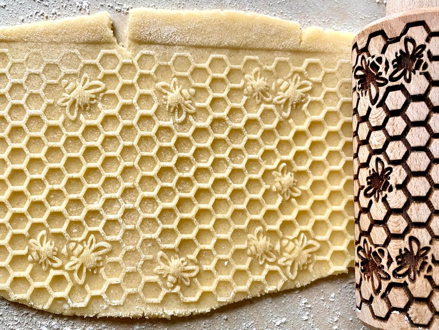 Kid Size Embossing Rolling Pin BEES. Wooden Laser Cut Mini Rolling Pin for Cookies, Play Dough, Salt Dough. Gift