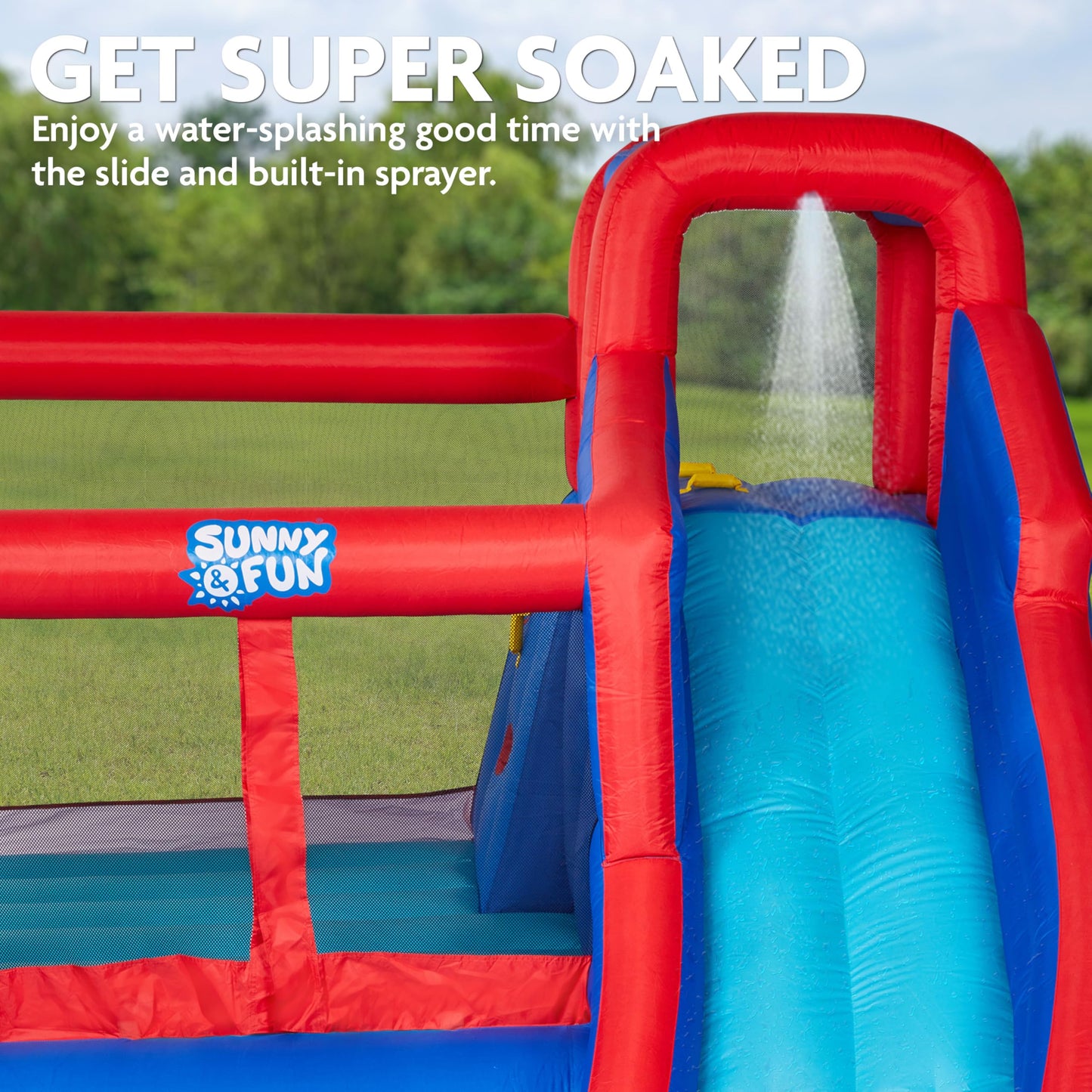 Sunny & Fun Big Time Bounce-A-Round Inflatable Water Slide Park – Heavy-Duty for Outdoor Fun - Climbing Wall, Slide, Bounce House & Splash Pool – Easy Set Up with Included Air Pump & Carrying Case