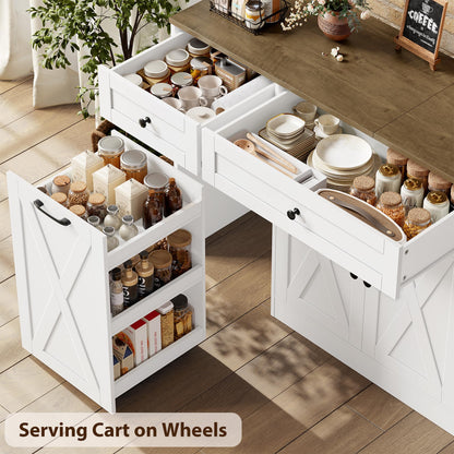HOSTACK Multifunctional Storage Cabinet - 59" Buffet Cabinet with Charging Station, Large Kitchen Buffet Sideboard with Rolling Cart, Farmhouse Coffee Bar Cabinet with Drawers for Dining Room, White